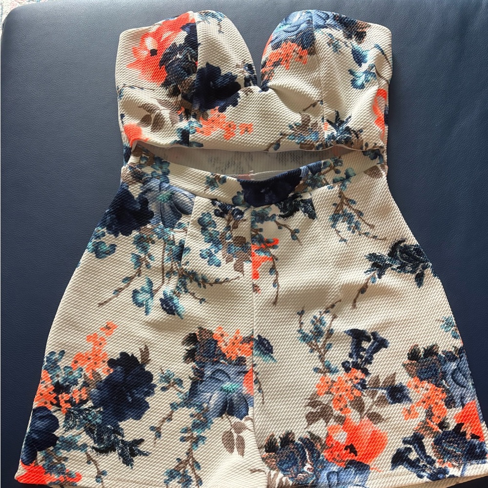 Fashion Nova Floral Shorts Romper - Navy and Coral